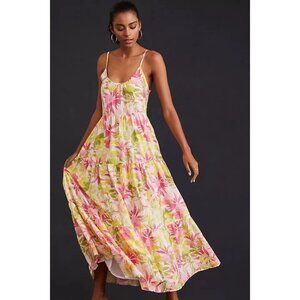 Roller Rabbit Imza Maxi Dress Dakota Floral Tiered Ruffle Skirt Silk Cotton S